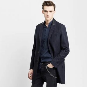 The Kooples navy pin stripe leather lined collar men’s coat